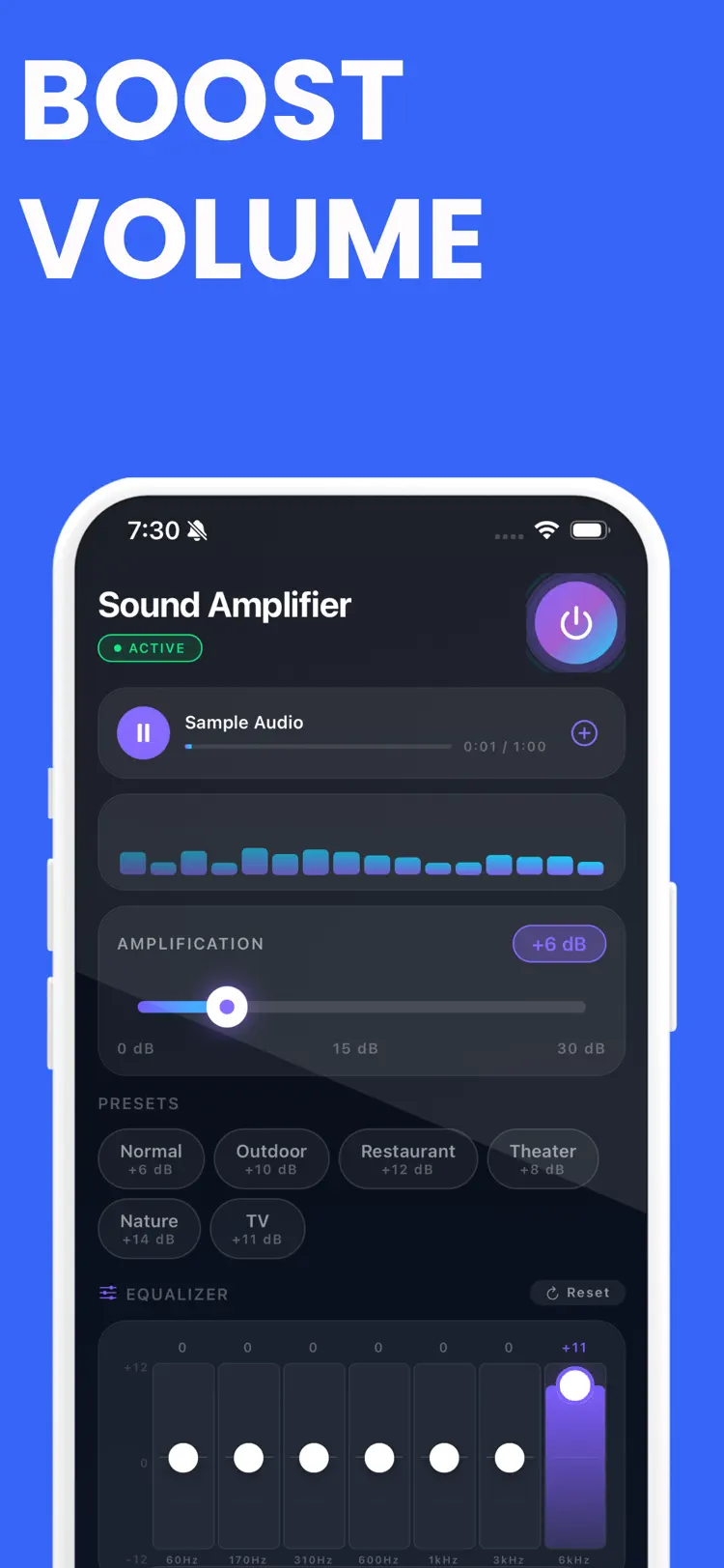 Sound Amplifier: Volume Boost main tools and options on iPhone