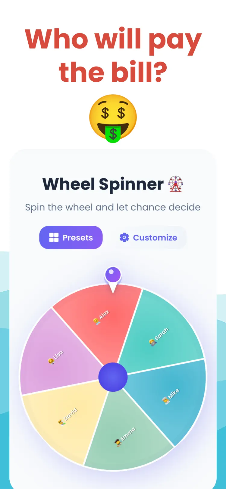 Spin the Wheel: Wheel Spinner main tools and options on iPhone