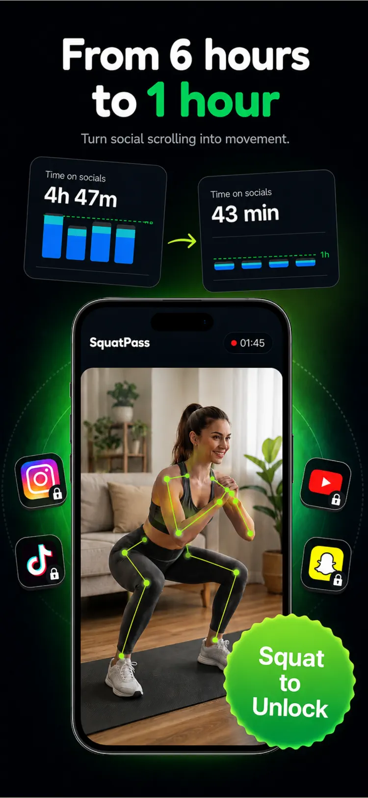 SquatPass: Exercise To Scroll iPhone app screen for use squats to unlock scrolling time