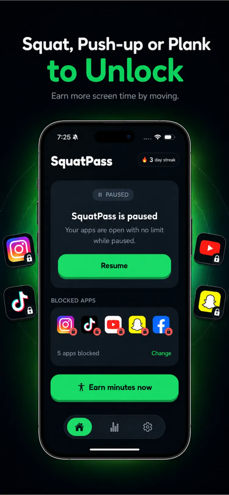 SquatPass: Exercise To Scroll main tools and options on iPhone