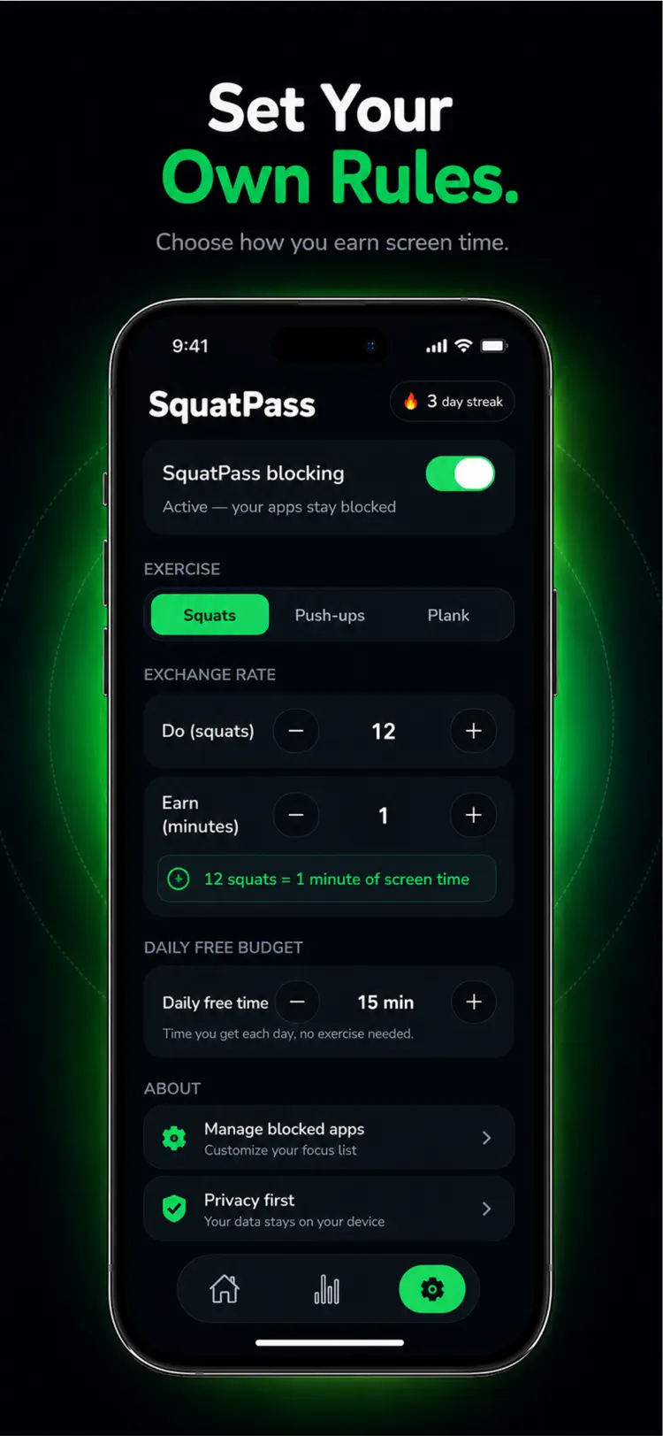 SquatPass: Exercise To Scroll settings and feature screen