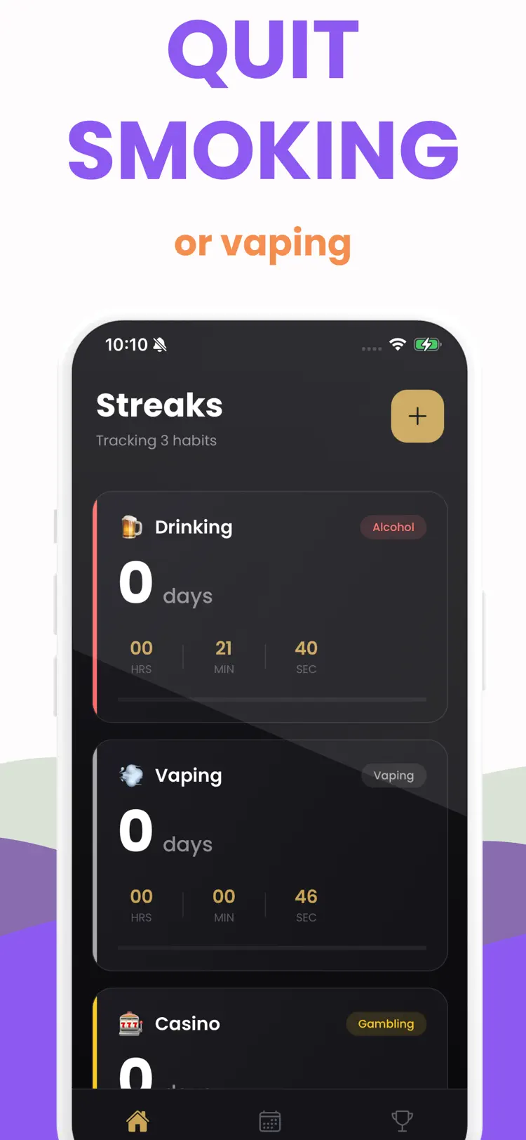 Streaks: Sober Day Tracker main tools and options on iPhone