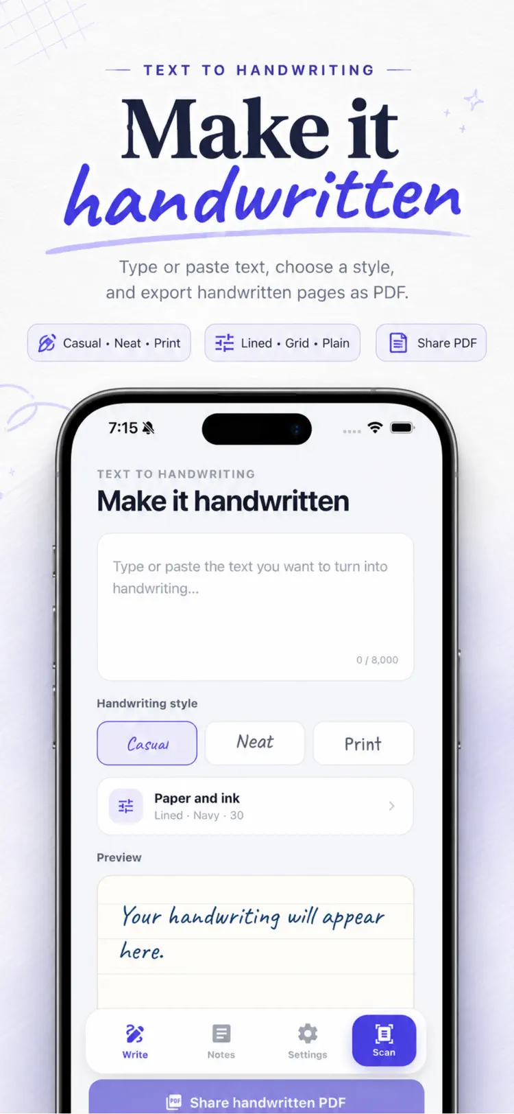 Text To Handwriting AI Convert main tools and options on iPhone