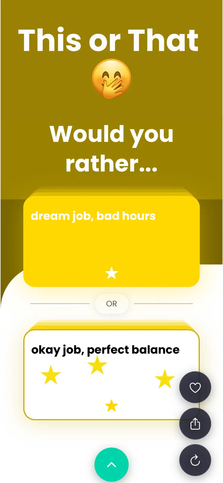 This or That: Would You Rather settings and feature screen
