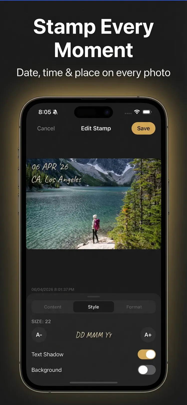 Timestamp Camera - Photo Date main tools and options on iPhone