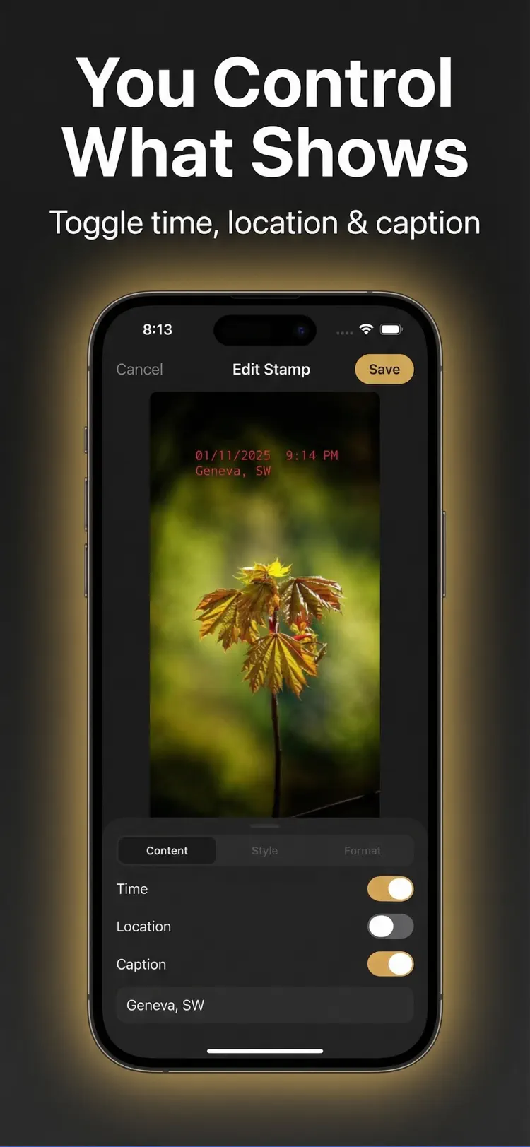 Timestamp Camera - Photo Date settings and feature screen