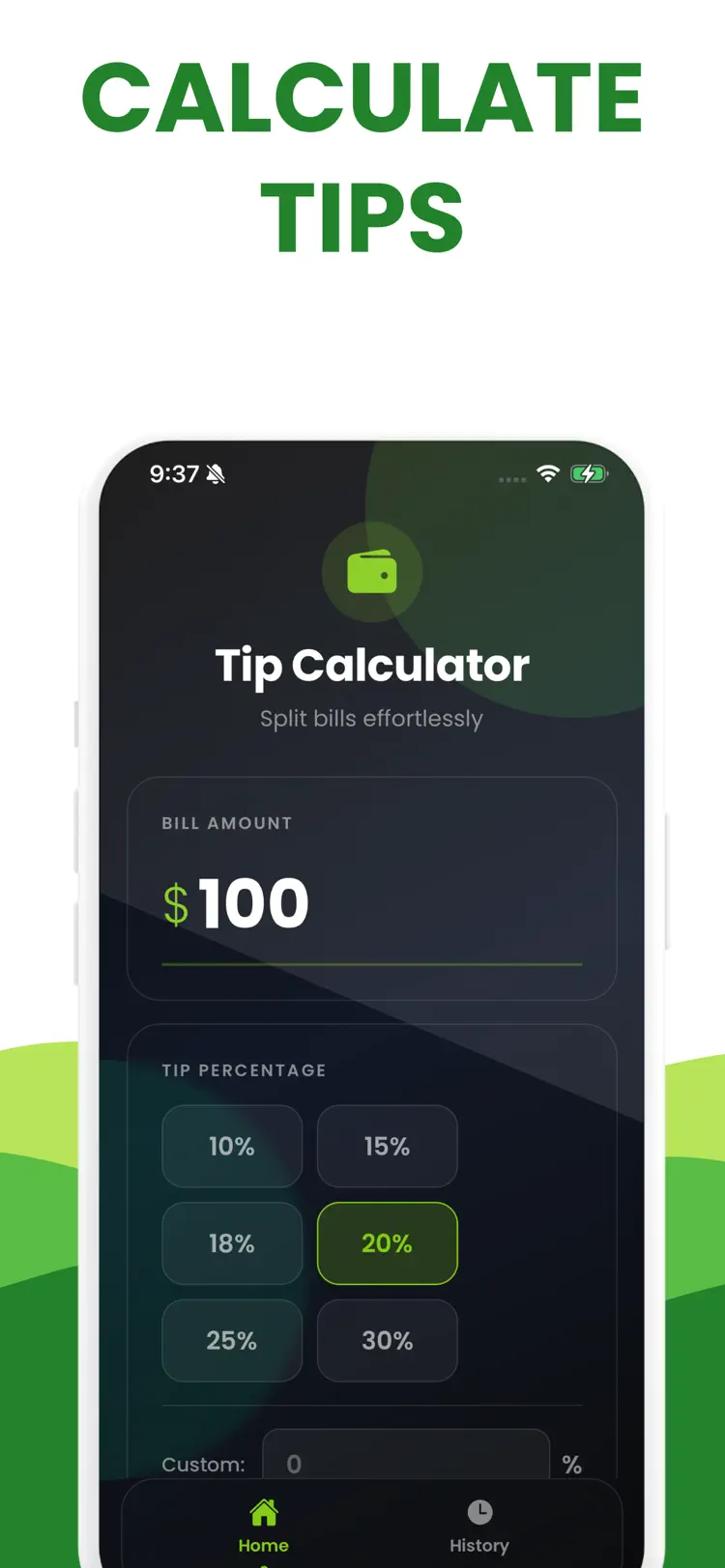 Tip Calculator % Split Bill main tools and options on iPhone