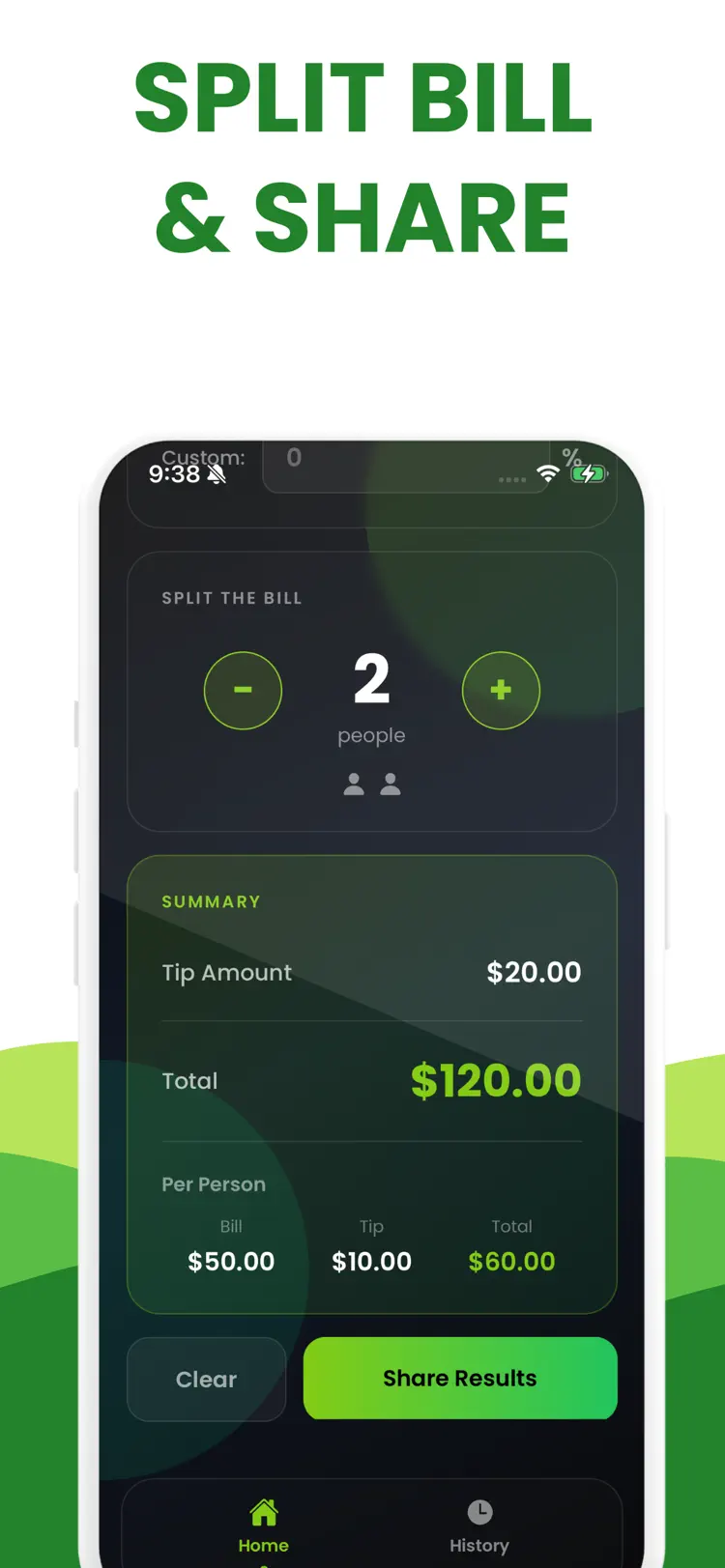 Tip Calculator % Split Bill workflow and result preview