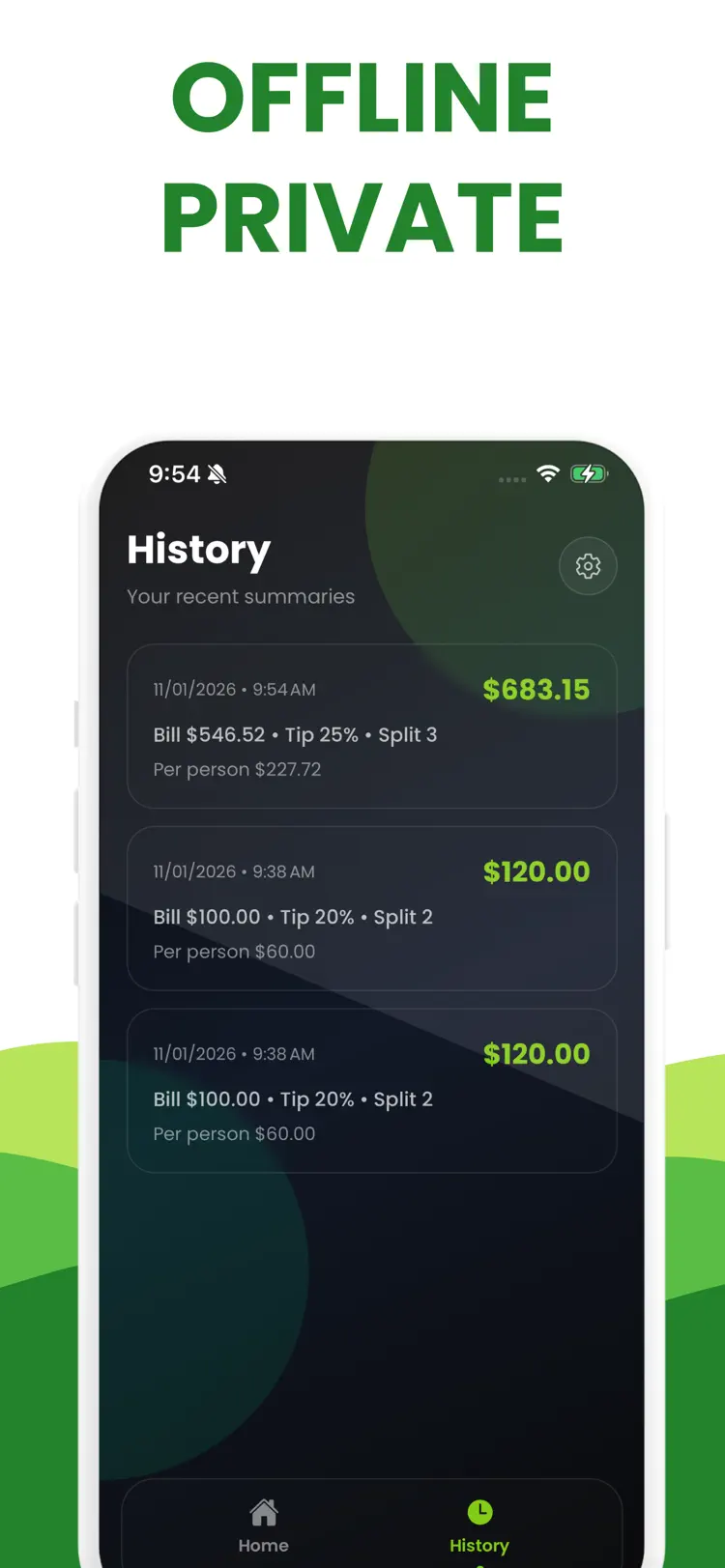 Tip Calculator % Split Bill settings and feature screen