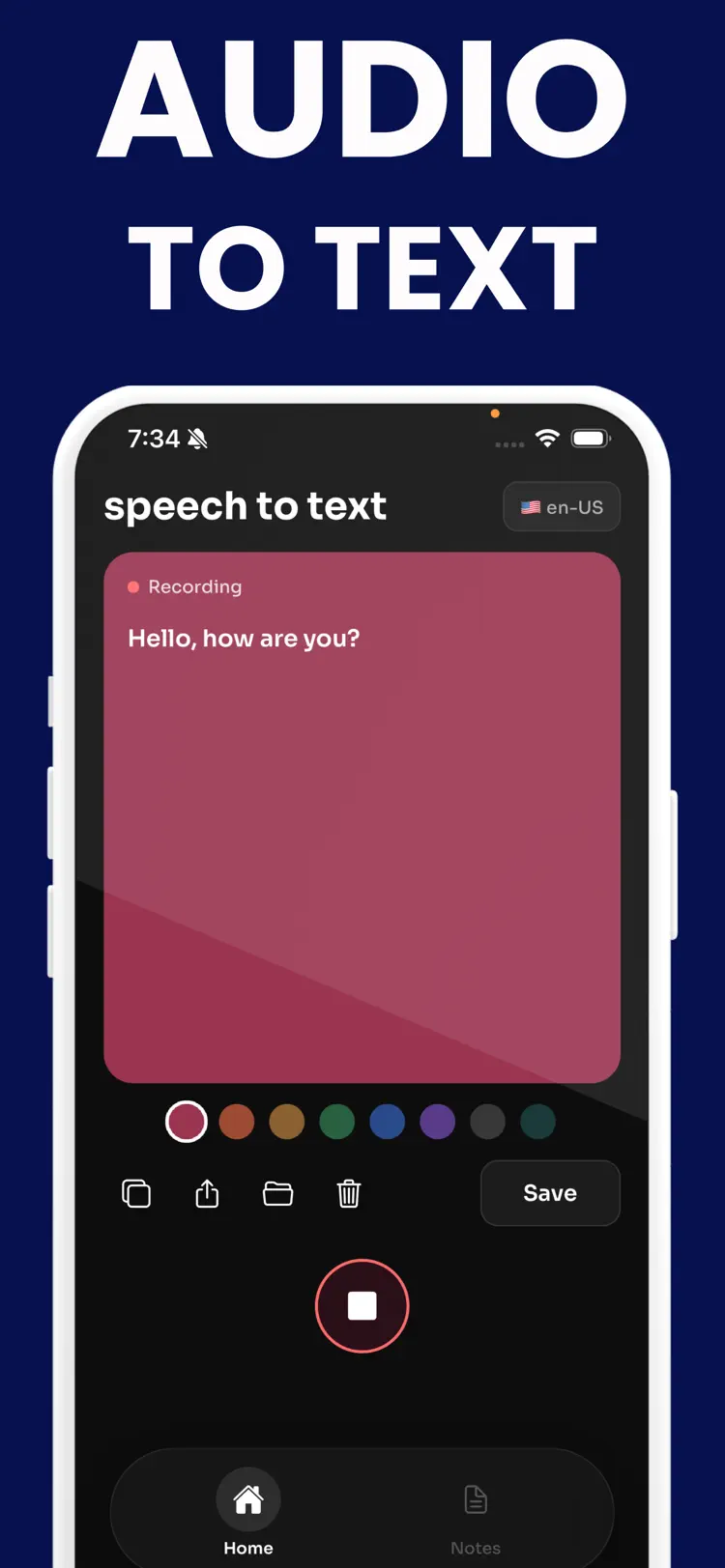 Transcribe Speech to Text Note main tools and options on iPhone