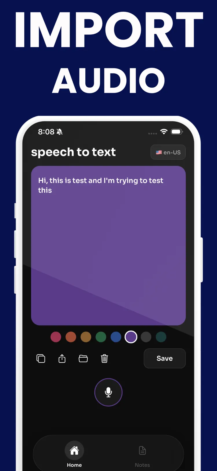 Transcribe Speech to Text Note workflow and result preview