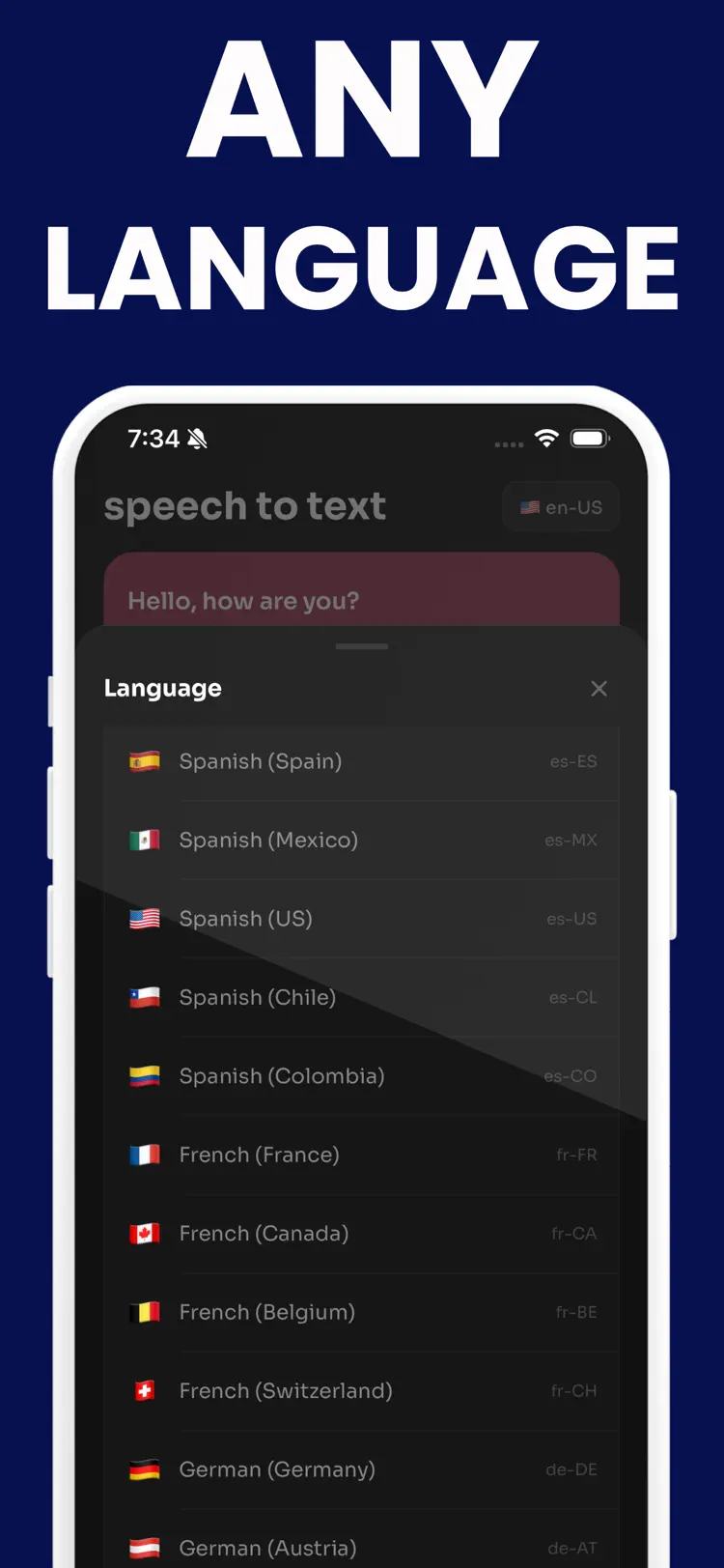 Transcribe Speech to Text Note settings and feature screen