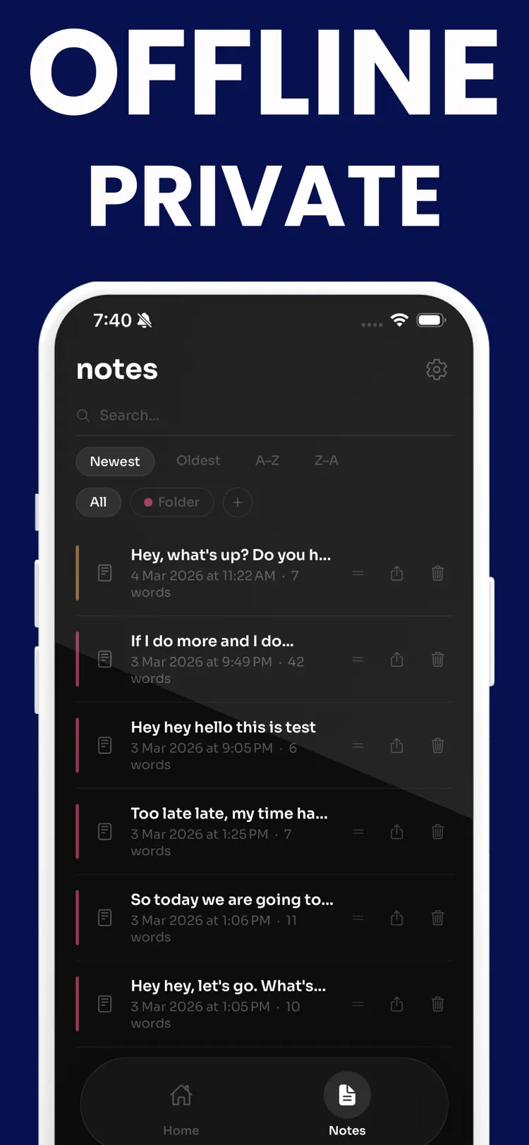 Transcribe Speech to Text Note saved results and sharing options
