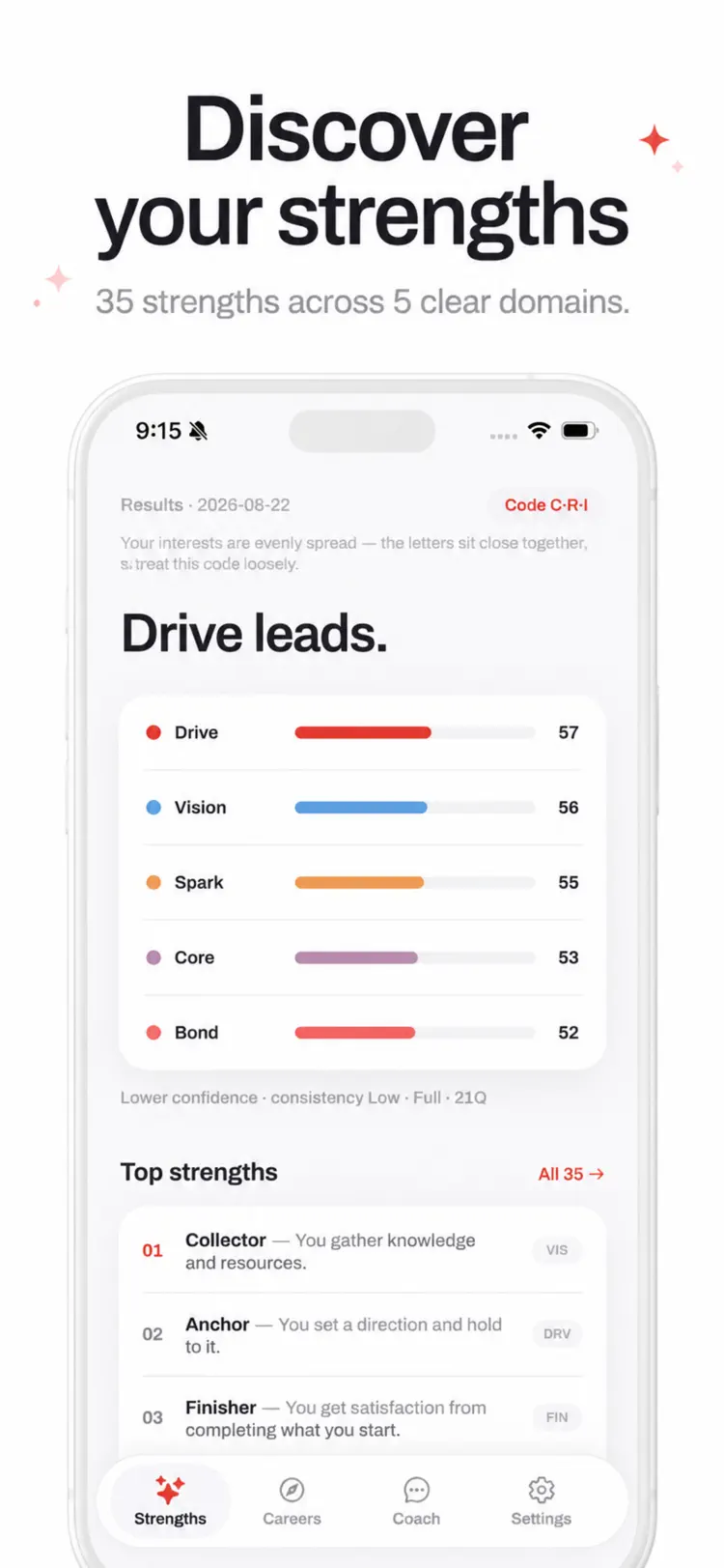 Personality Tests: Truepath iPhone app screen showing how to discover personality strengths and explore matching careers