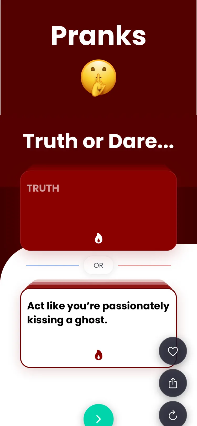 Truth or Dare: Dirty Pranks settings and feature screen