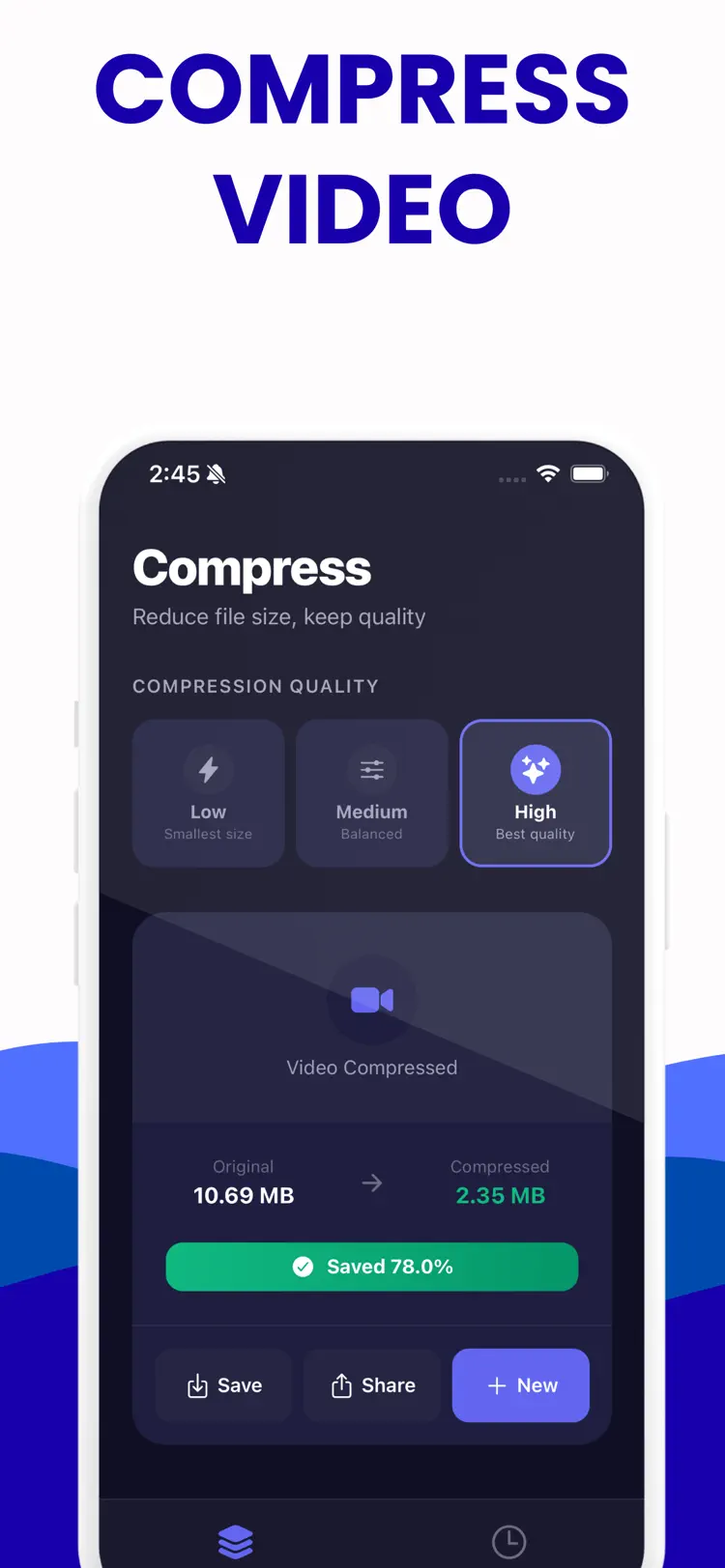 Video Compressor · Resize MP4 main tools and options on iPhone
