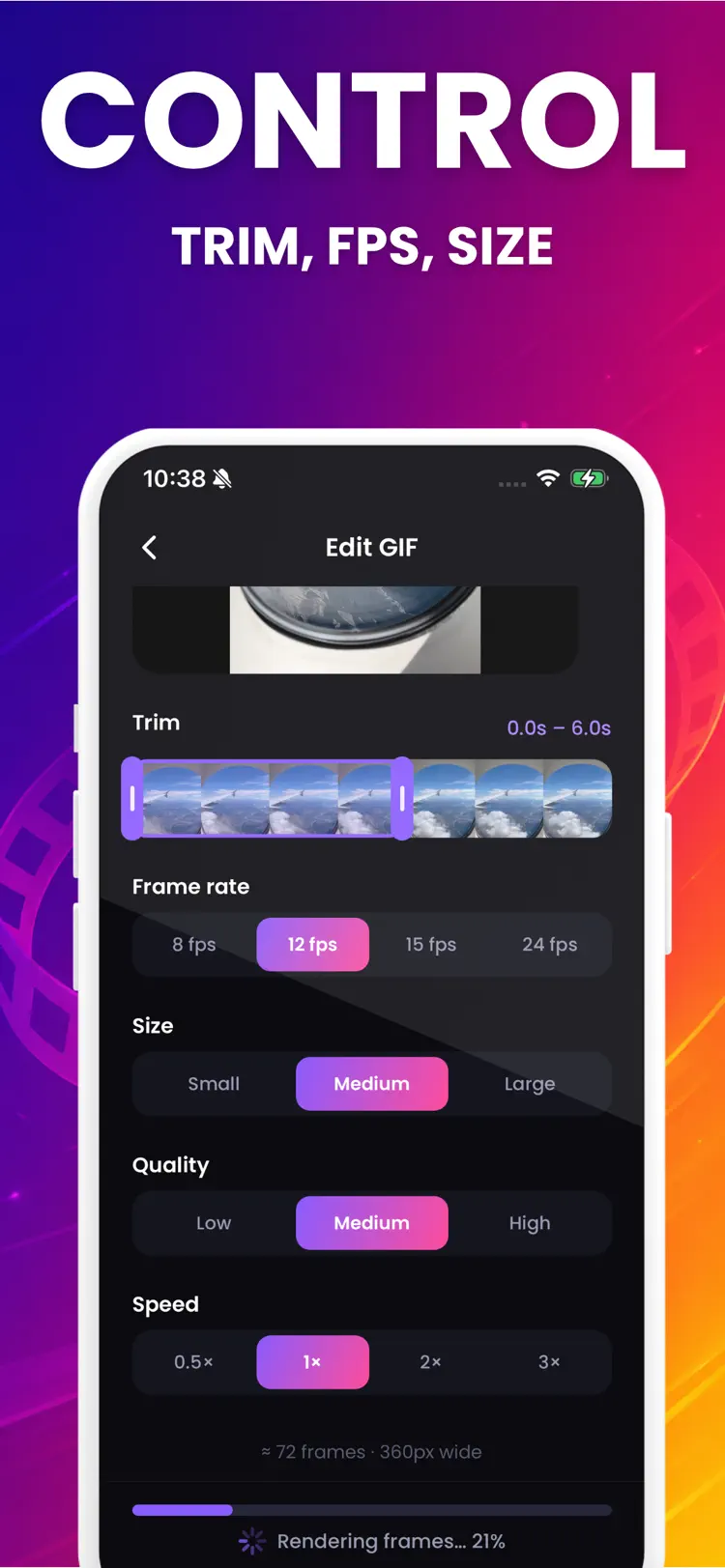 Video to GIF Converter - Maker main tools and options on iPhone