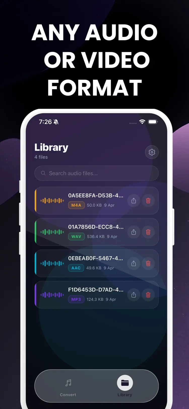 Video to mp3: Media Converter settings and feature screen