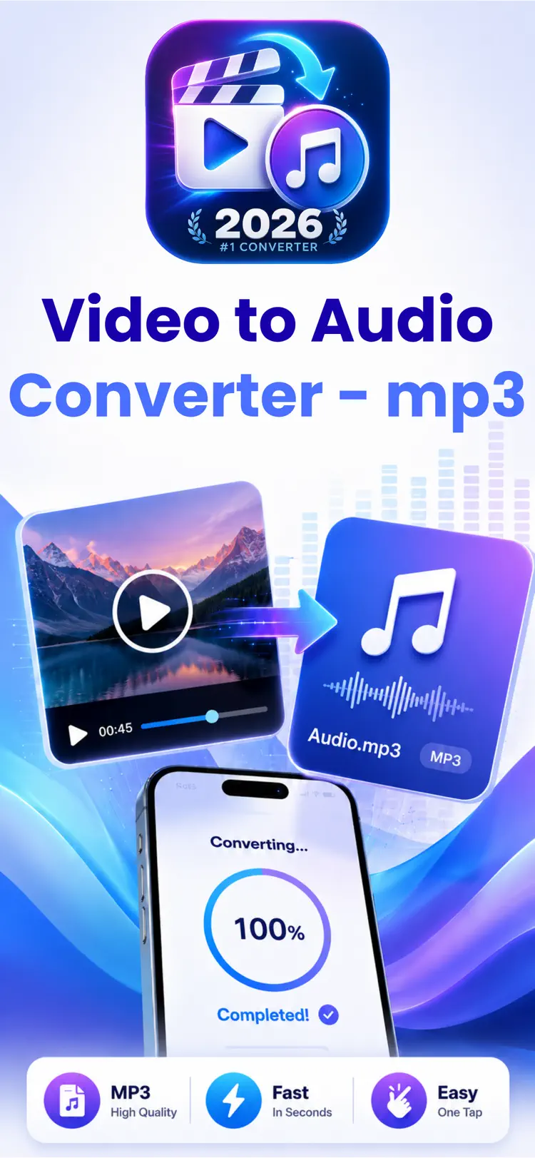 Video to MP3 Converter app showing a video being converted to an MP3 audio file on iPhone