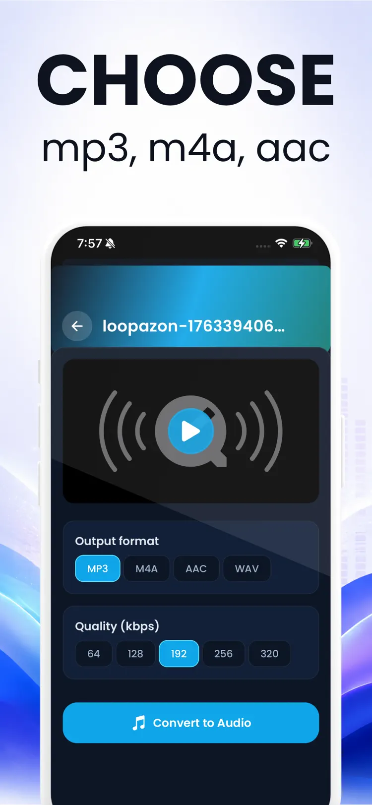 Audio format selection with MP3, WAV, M4A and AAC options
