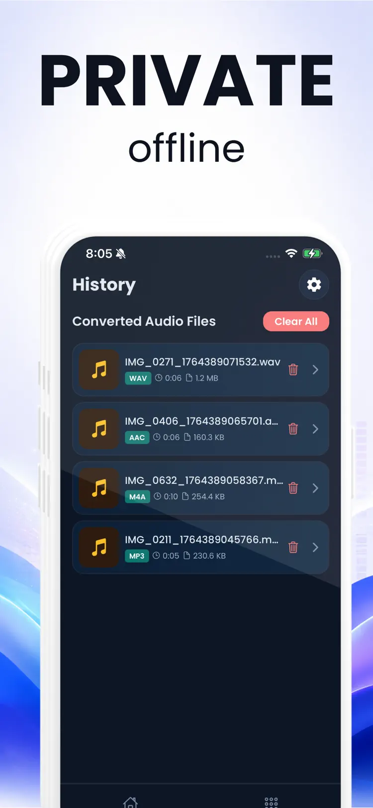 History screen with converted audio files ready to share