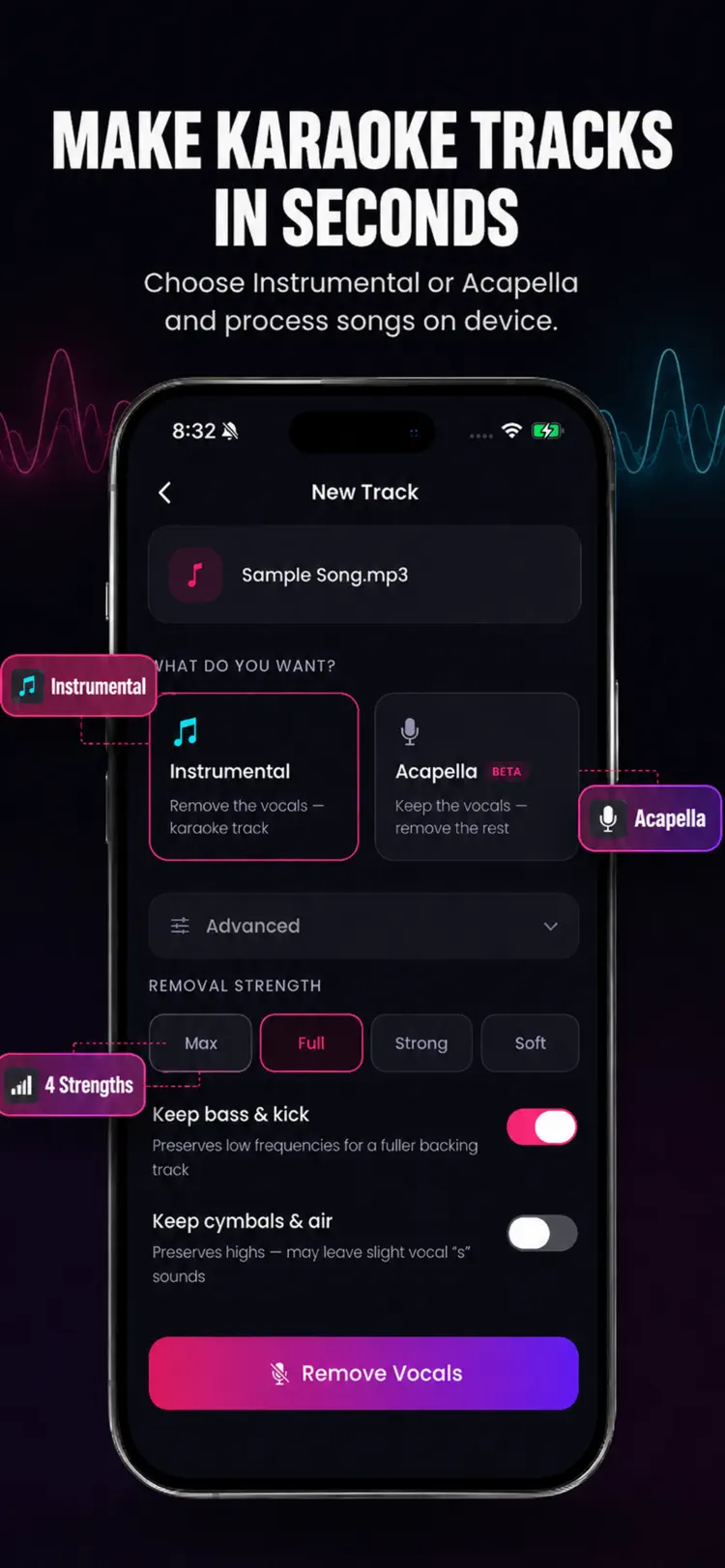 Vocal Remover - Music Splitter iPhone app screen showing how to remove vocals and create karaoke tracks