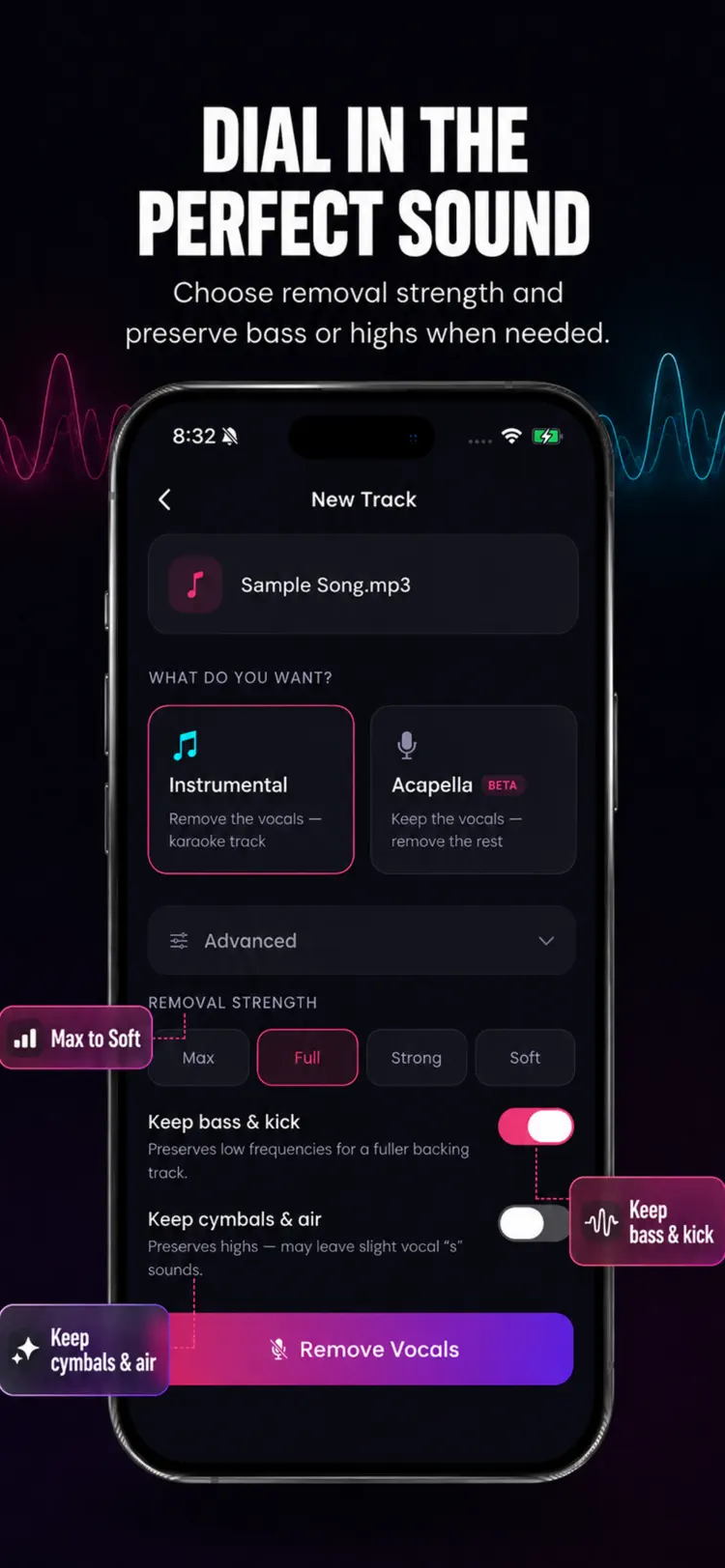 Vocal Remover - Music Splitter main tools and options on iPhone