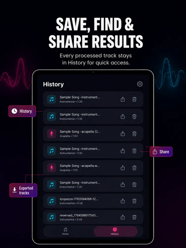 Vocal Remover - Music Splitter saved results and sharing options