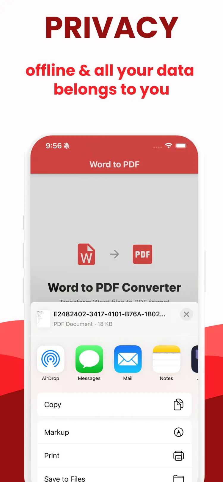 Share options for sending the PDF via Mail, Messages or AirDrop