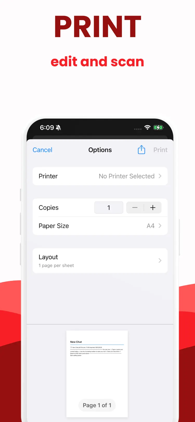 Write on PDF: Print to PDF settings and feature screen