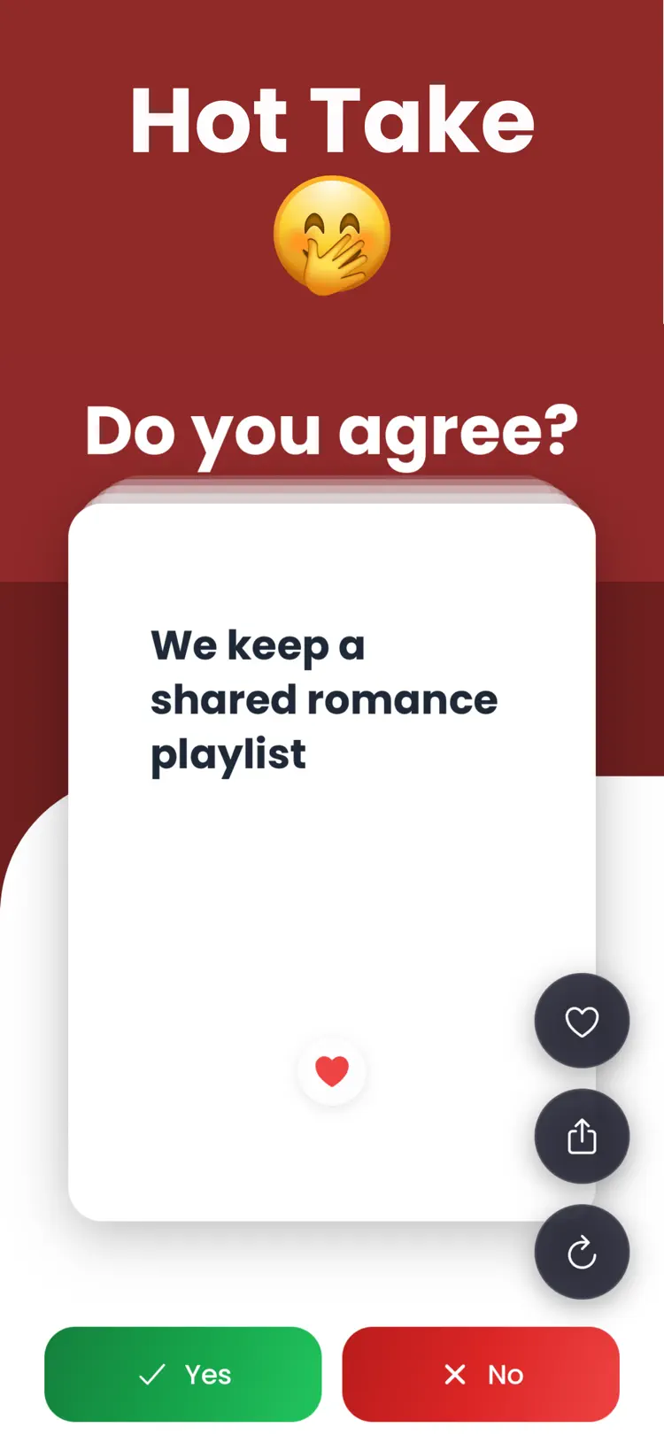 Yes or No: Couples Questions main tools and options on iPhone