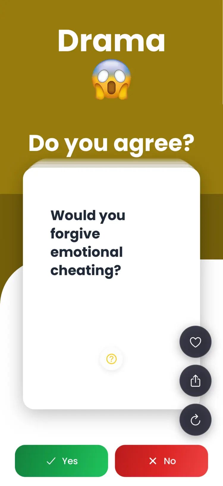 Yes or No: Couples Questions saved results and sharing options
